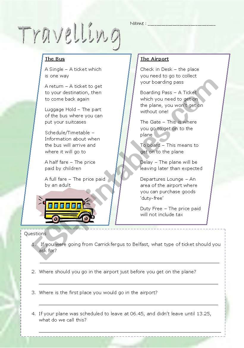 travelling worksheet