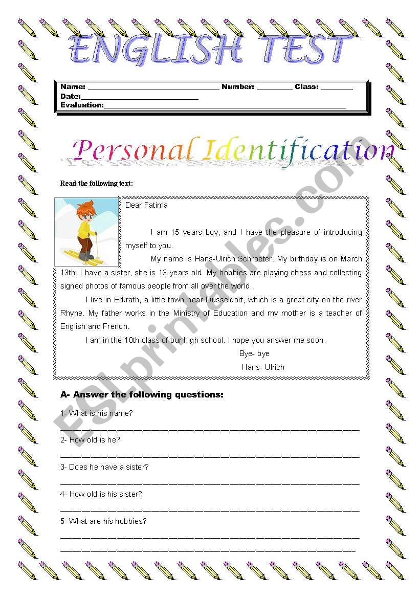 Personal Identification worksheet