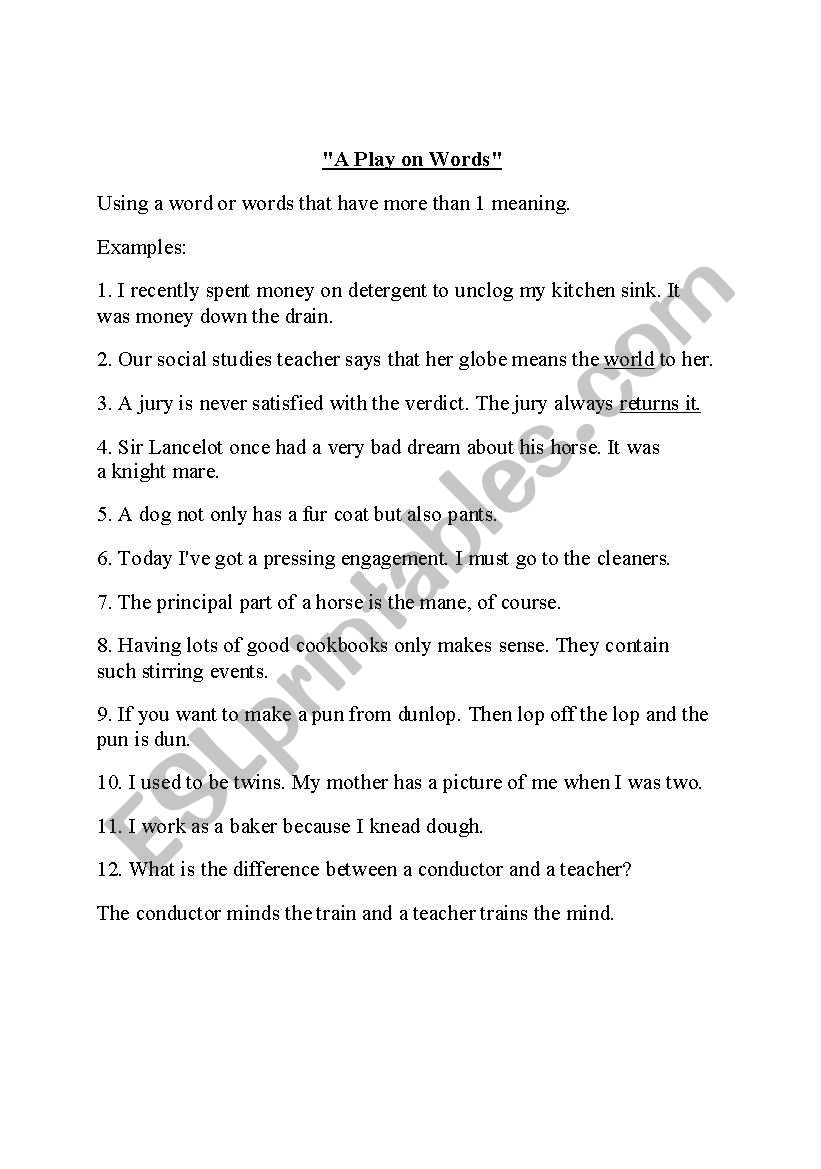 a play on words worksheet