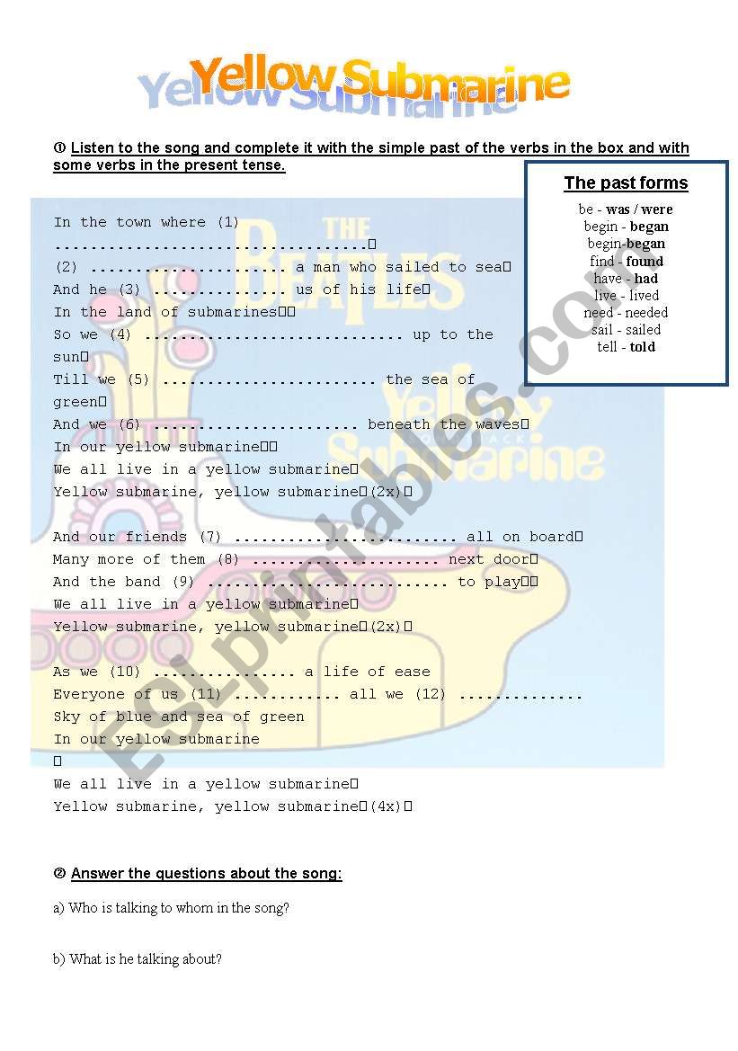 Yellow Submarine worksheet