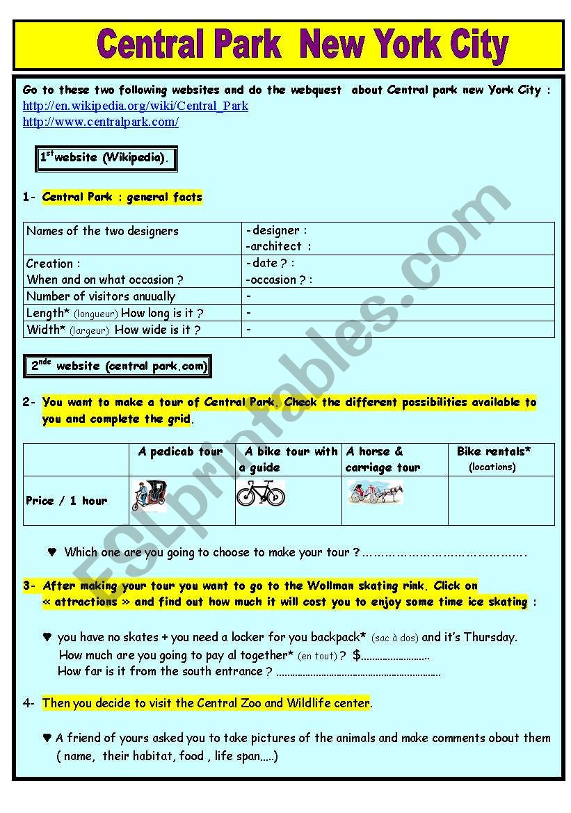 webquest about Central Park worksheet