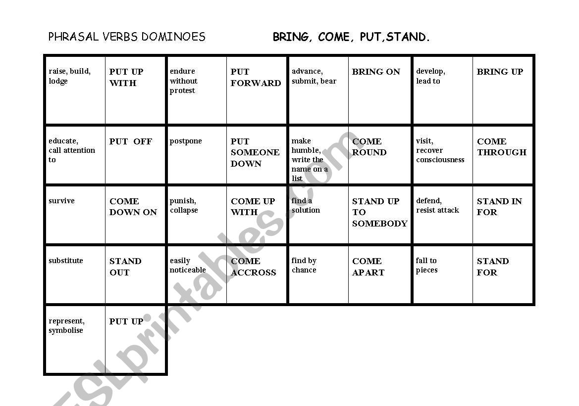 Phrasal verbs:bring,come,put,stand Dominoes