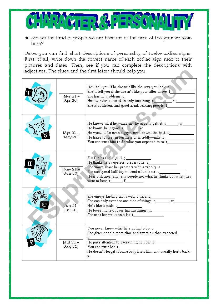 character and personality worksheet