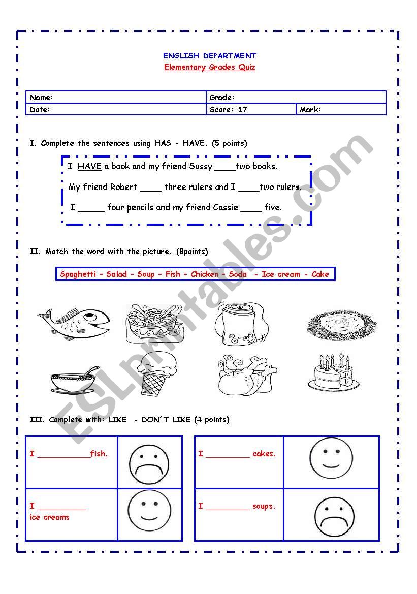 HAS / HAVE - FOOD VOCABULARY - LIKE /DONT LIKE QUIZ