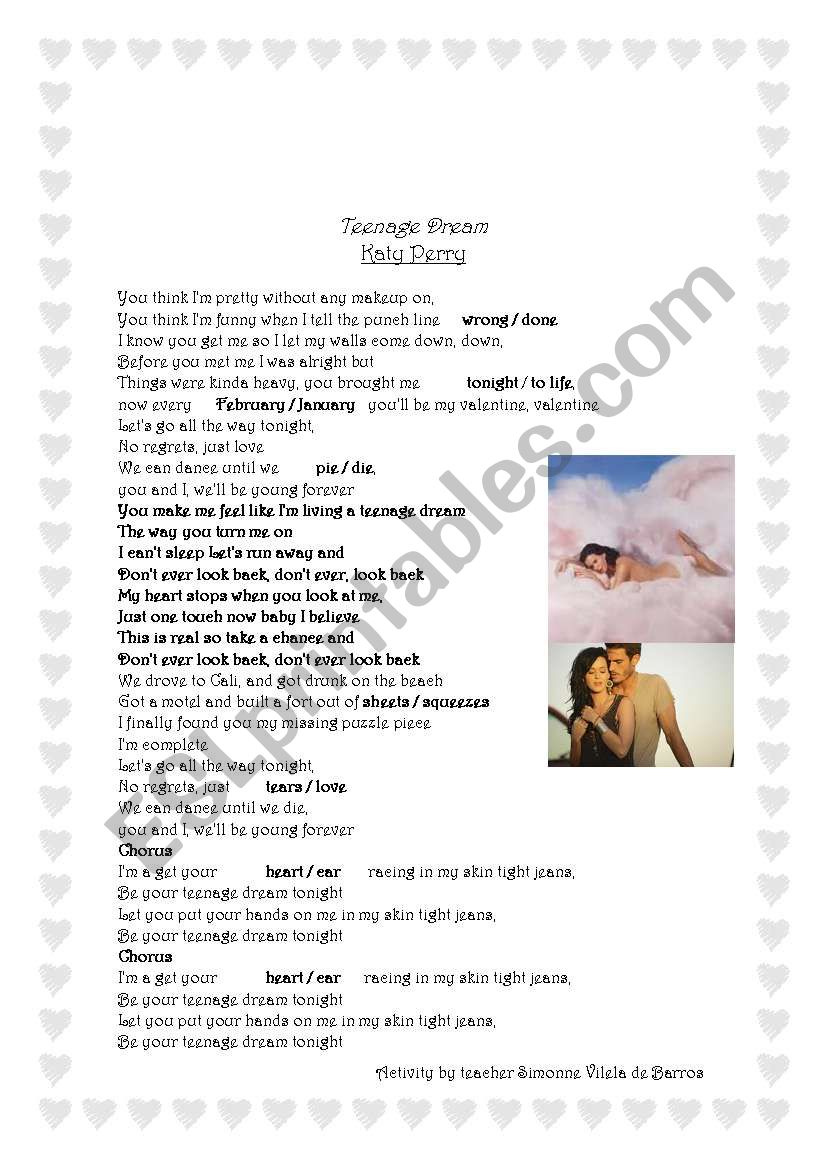 teenage dream kate perry worksheet