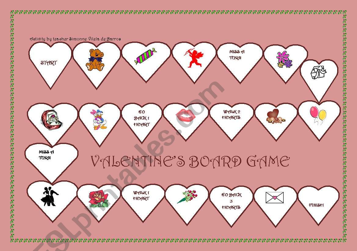 Valentines day board game worksheet