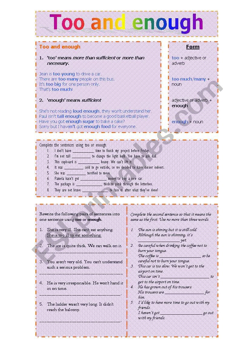 Too vs enough worksheet