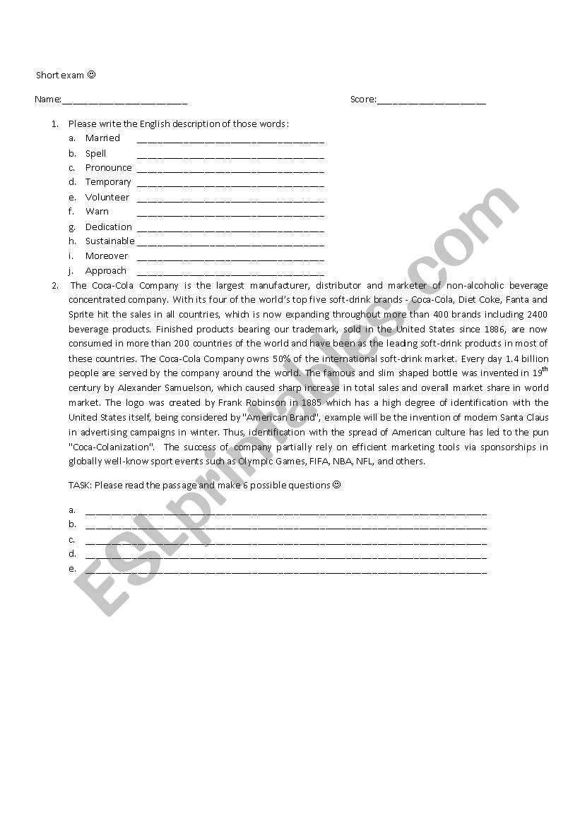 short quiz worksheet