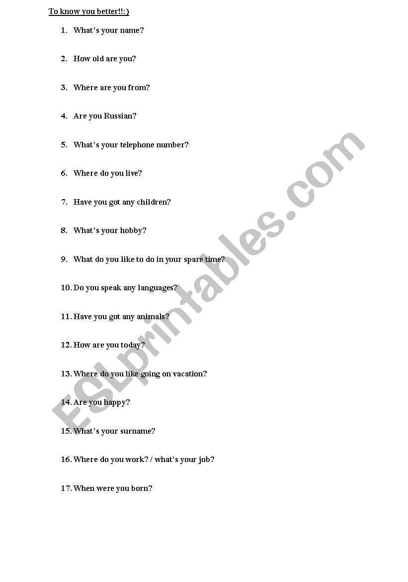 to know you better:) worksheet