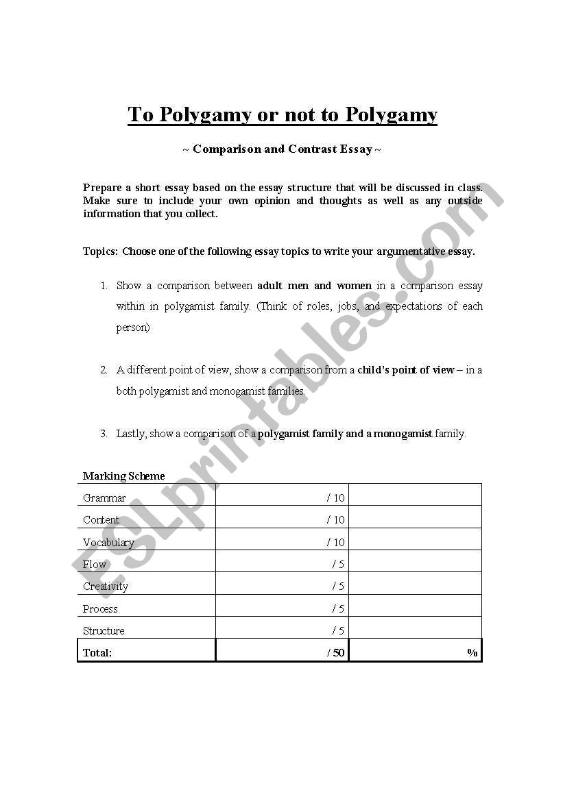 Polygamy -- Comparison and Contrast Essay topics