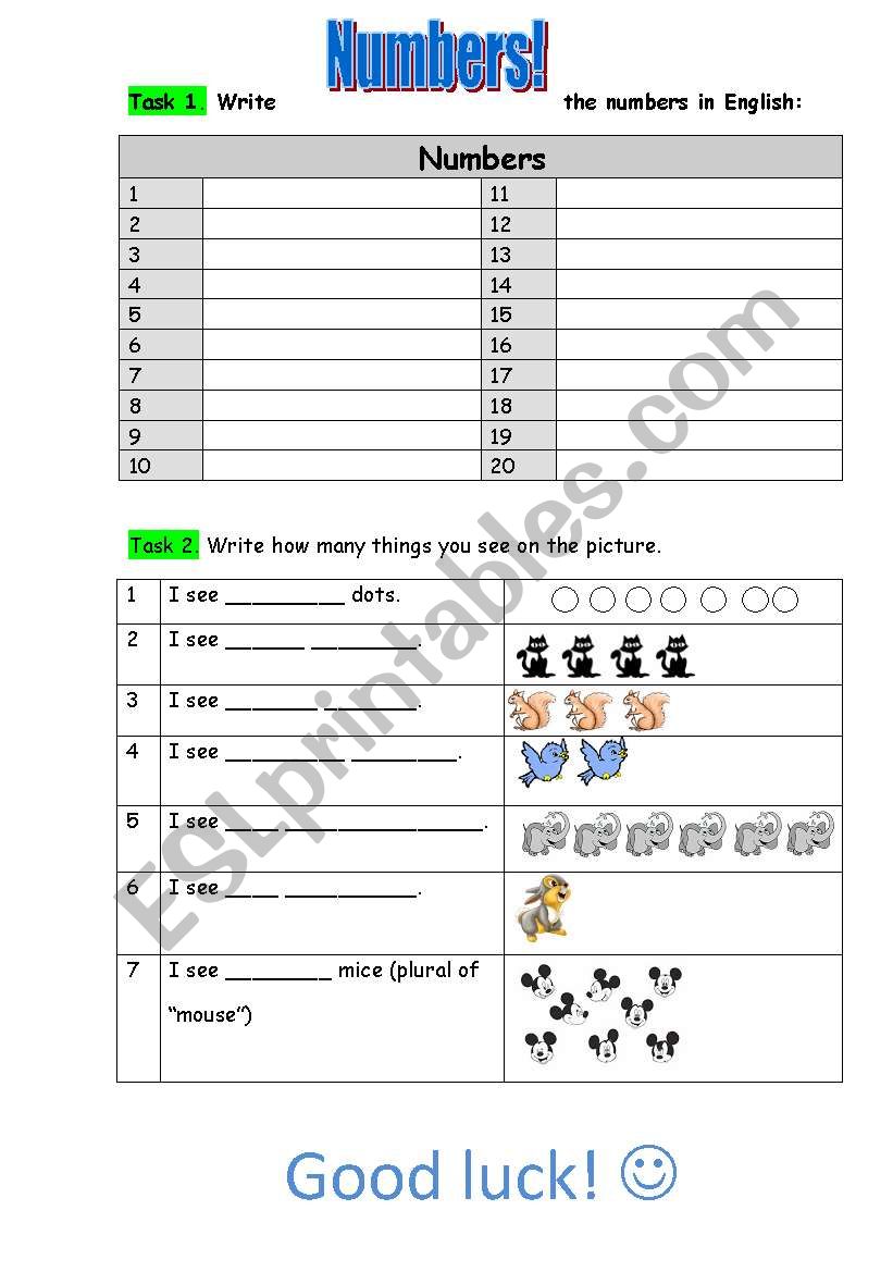 Numbers worksheet  worksheet