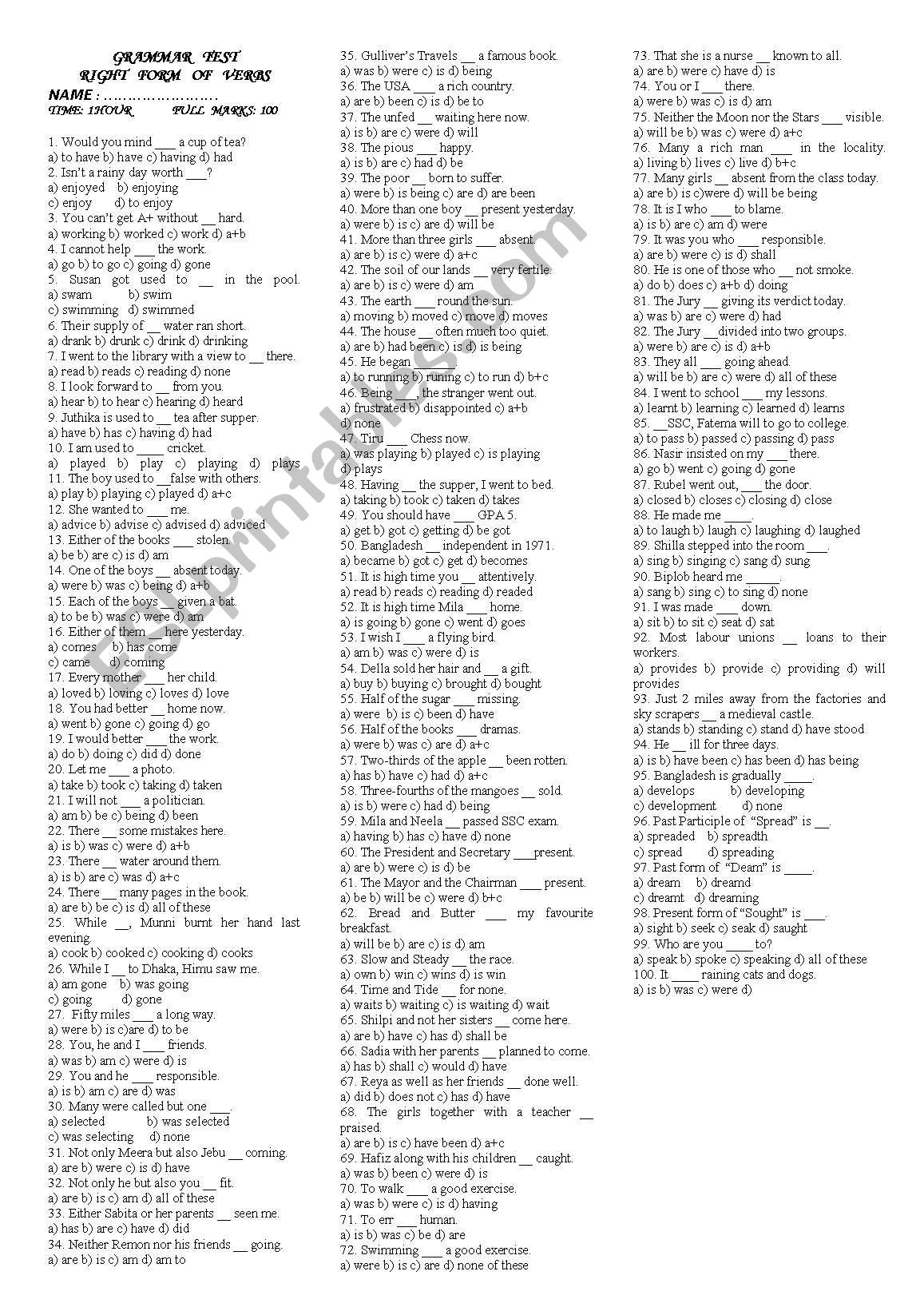Right Form Of Verbs Exercise
