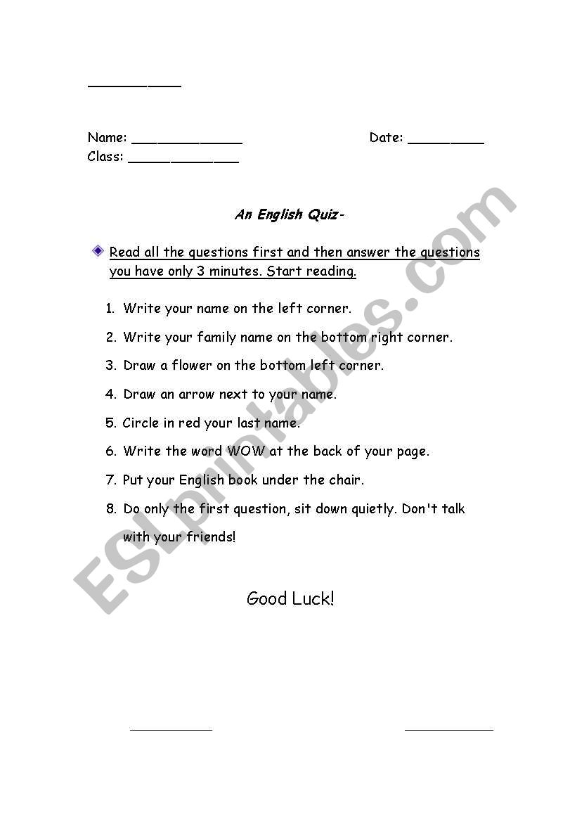 An Instruction Quiz worksheet