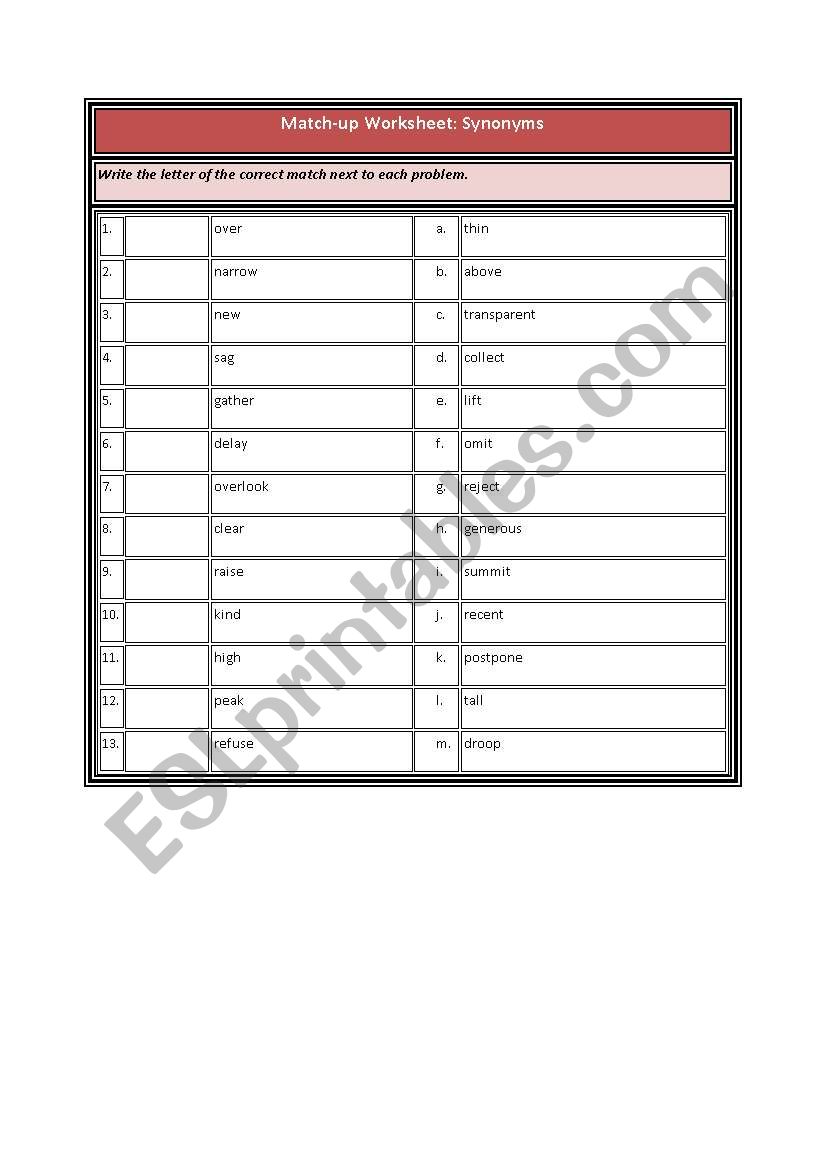 Match-up Worksheet_ Synonyms worksheet