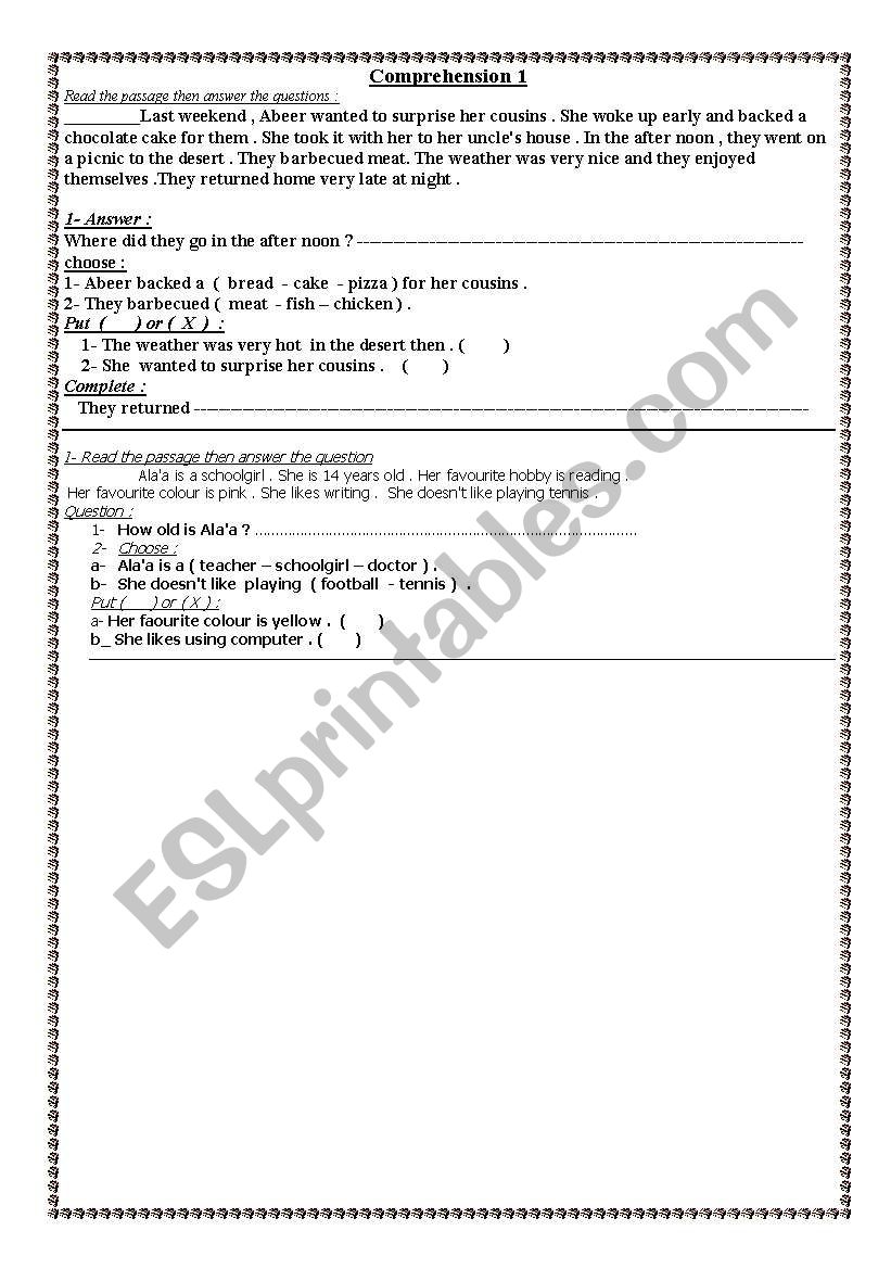 reading comprehension worksheet