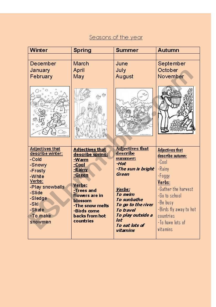 Seasons of the year, oral and written activities 