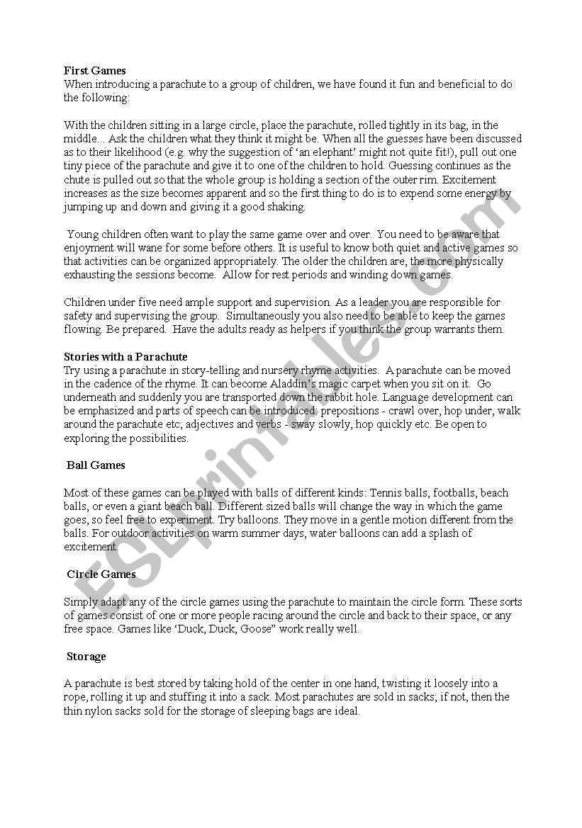 parachut game worksheet