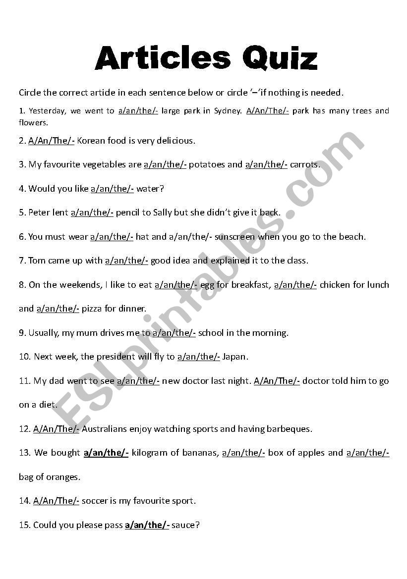 Articles Quiz worksheet
