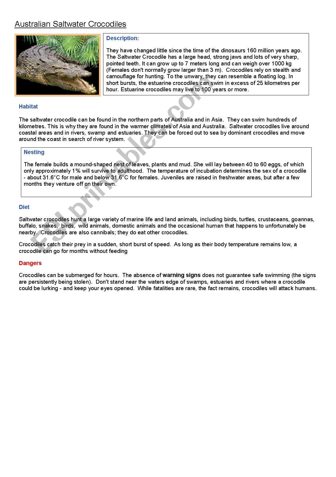 croc facts gapfill worksheet