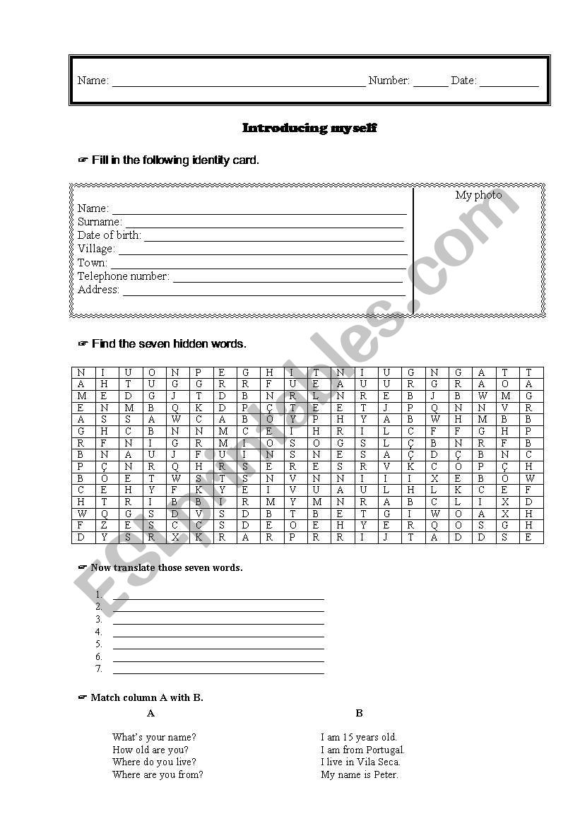 INTRODUCING MYSELF worksheet