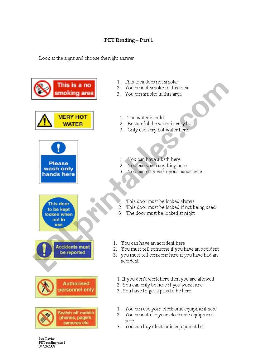 Reading signs - part1 reading of PET exam practise
