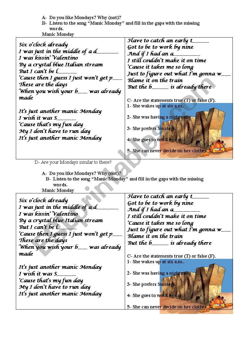 Do you like Mondays worksheet