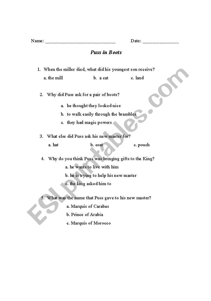 Puss in Boots worksheet