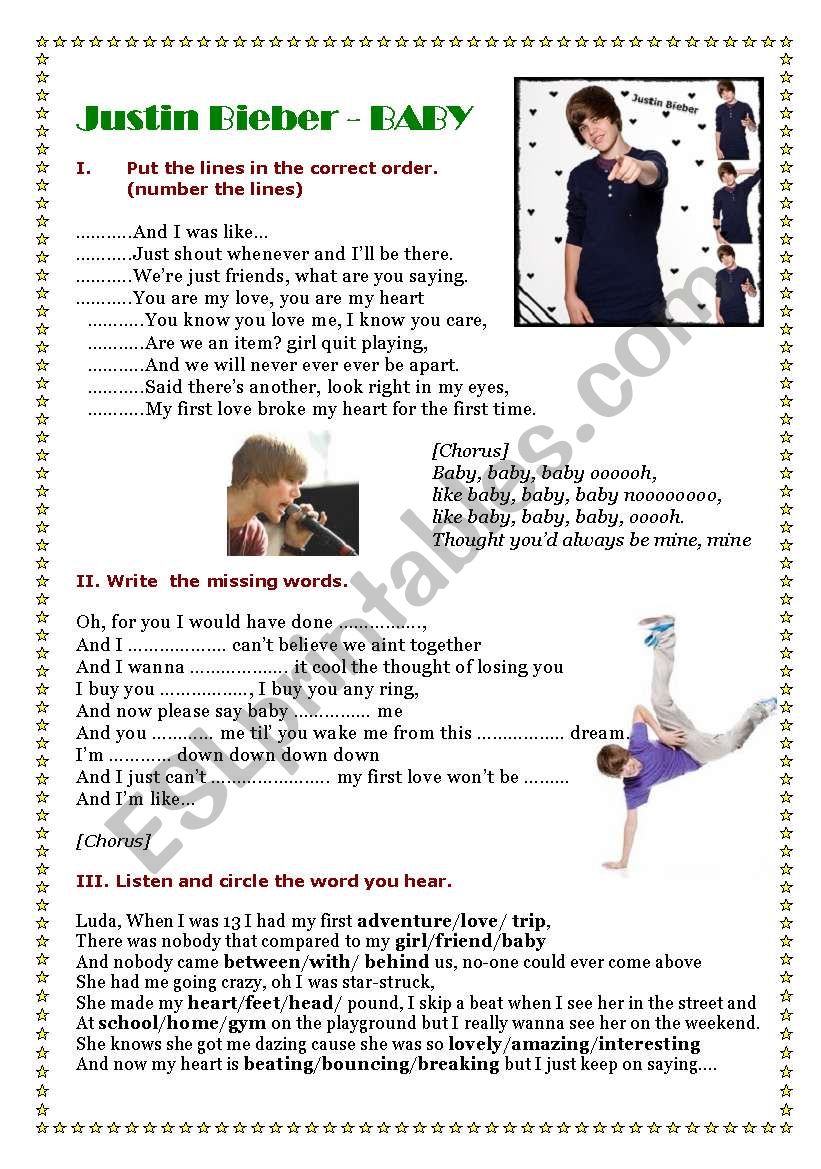 Baby song from Bieber worksheet