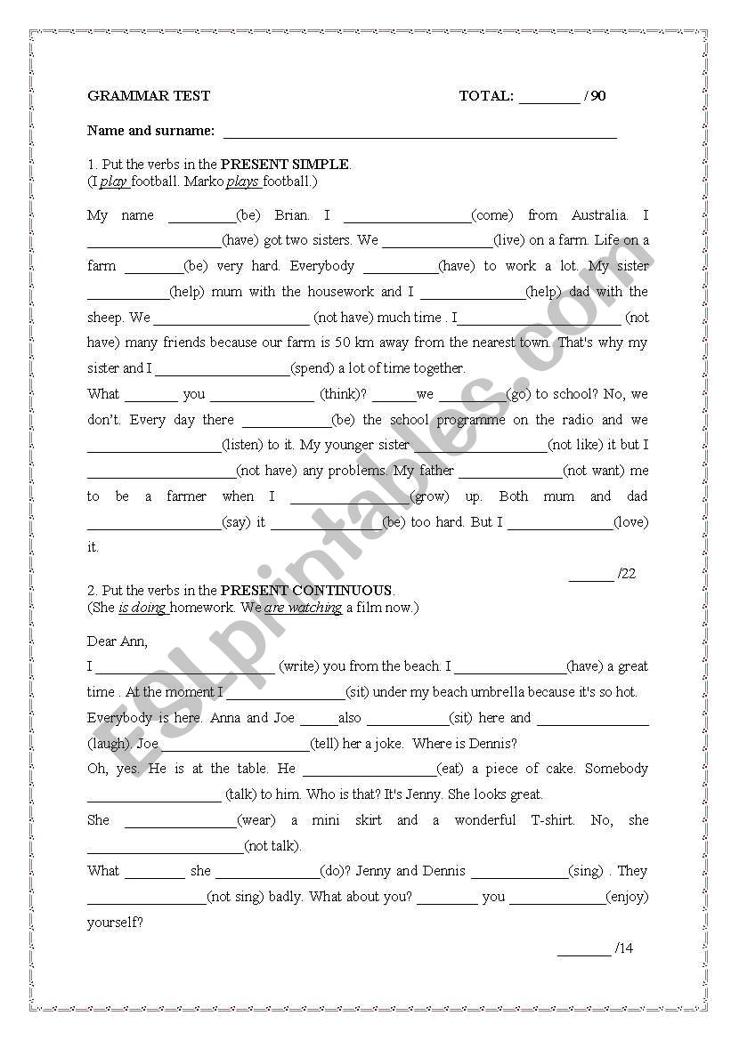 grammar test worksheet