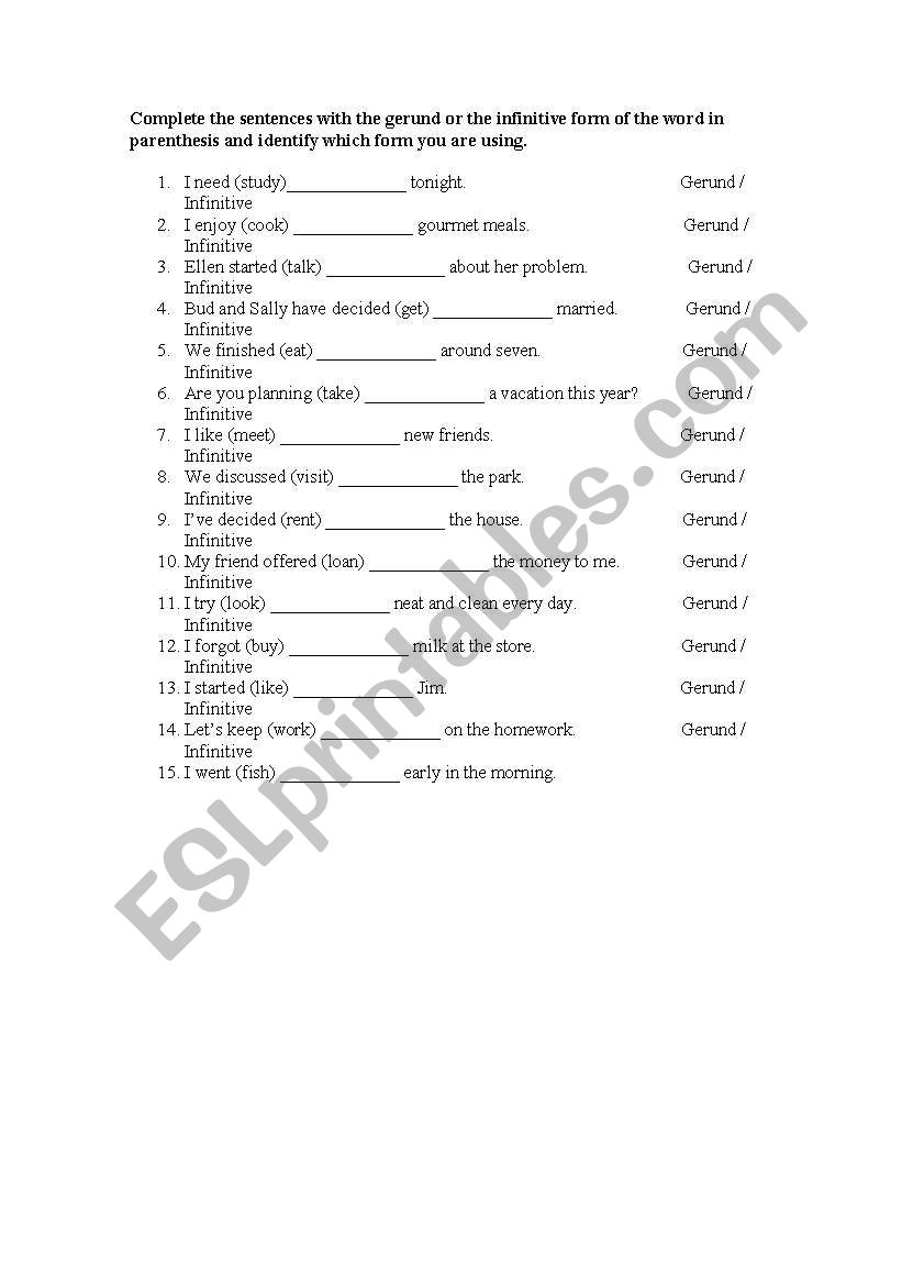 Gerund or Infinitive worksheet