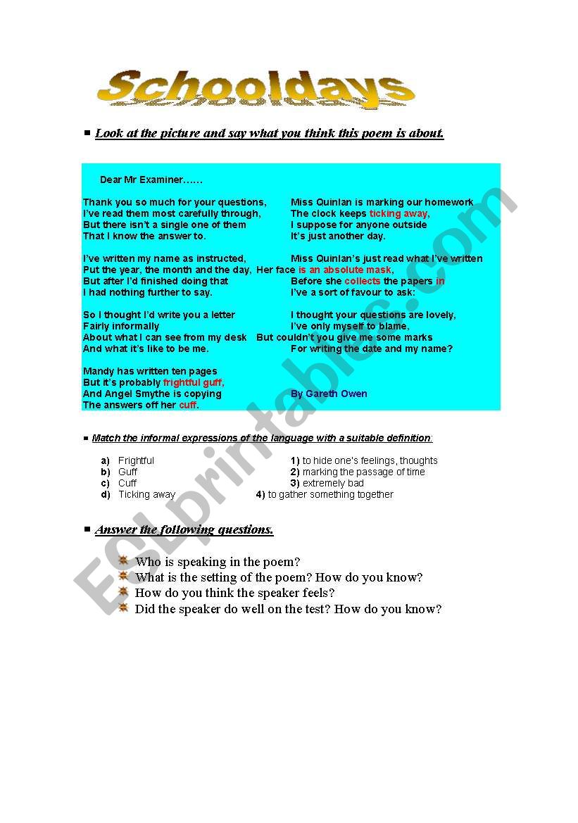 SCHOOLDAYS  worksheet