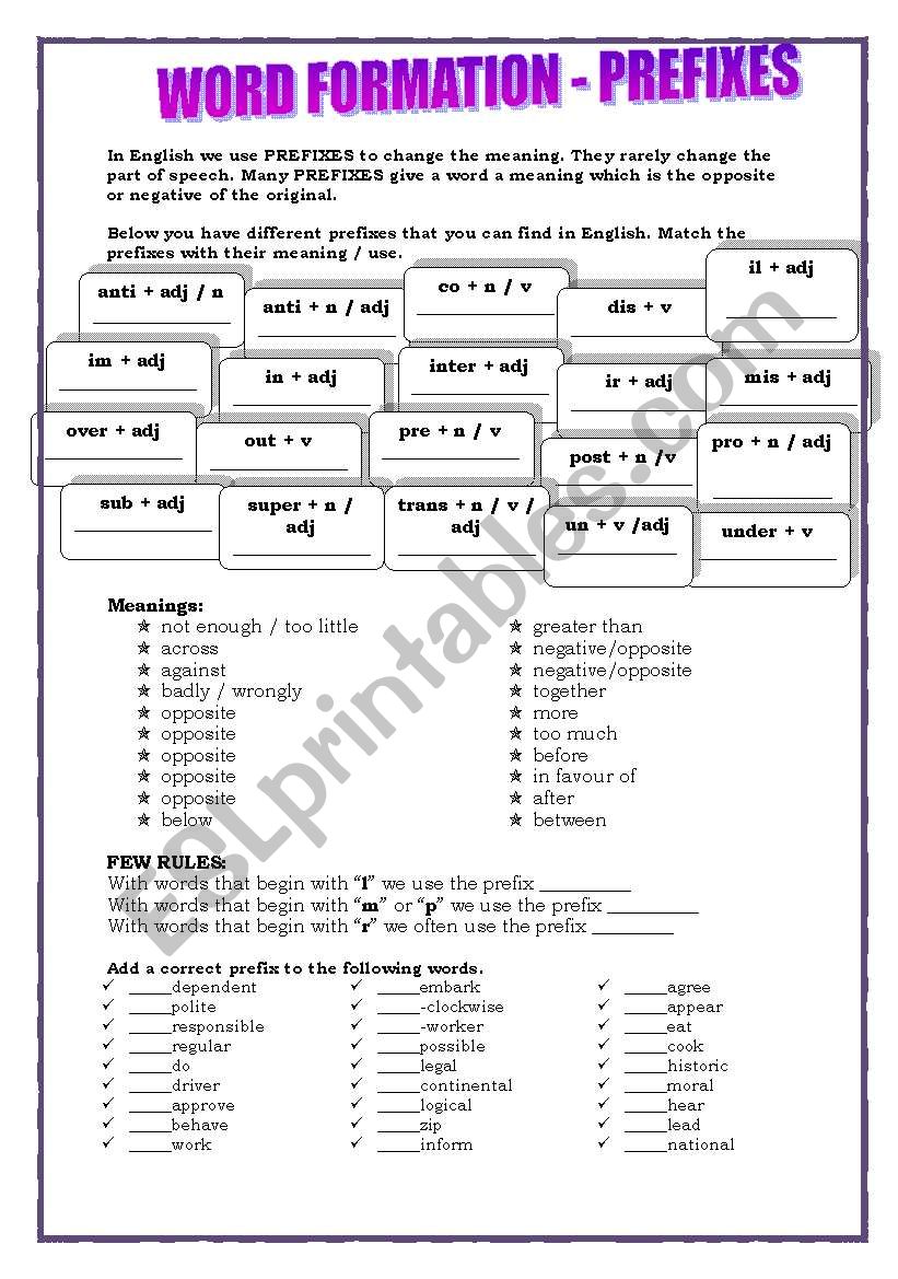 prefixes (key included) worksheet