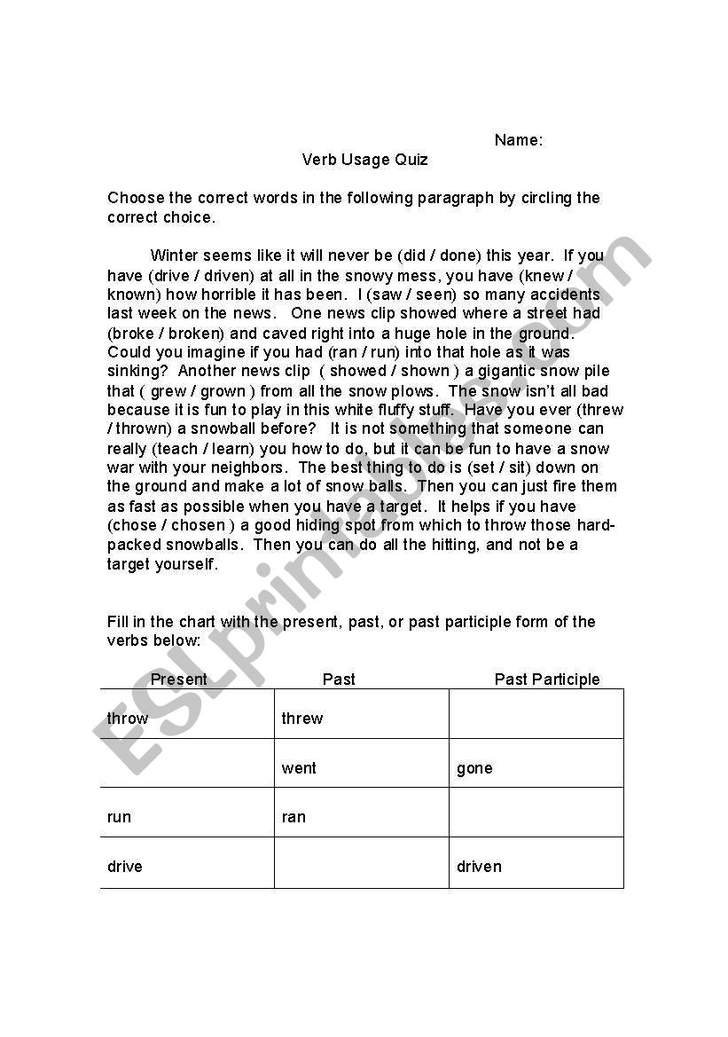 Usage of Verb quiz worksheet