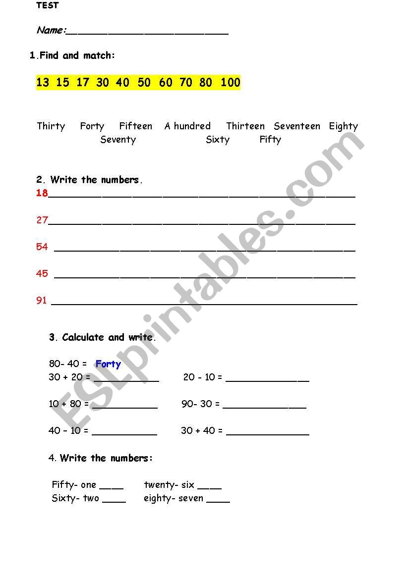 Numbers 1-100 test worksheet