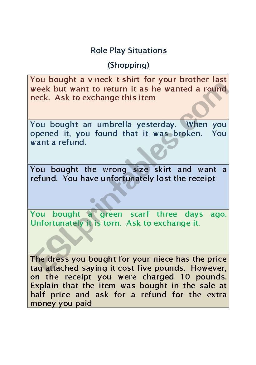 Shopping Role Play Situations worksheet