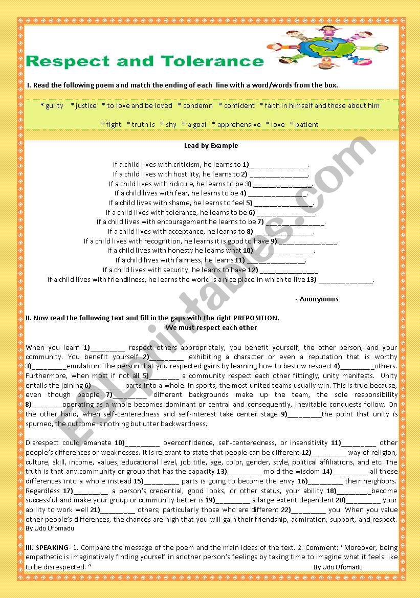 RESPECT AND TOLERANCE  worksheet