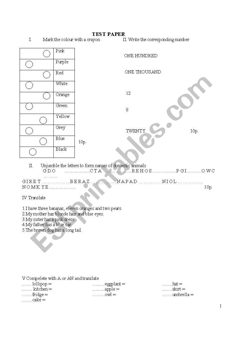 bigginer test paper worksheet