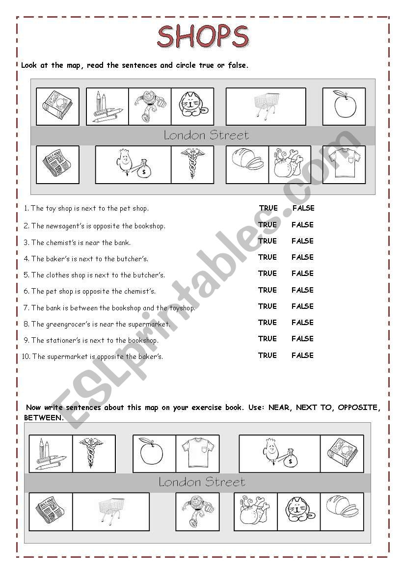 SHOPS+PREPOSITIONS OF PLACE worksheet