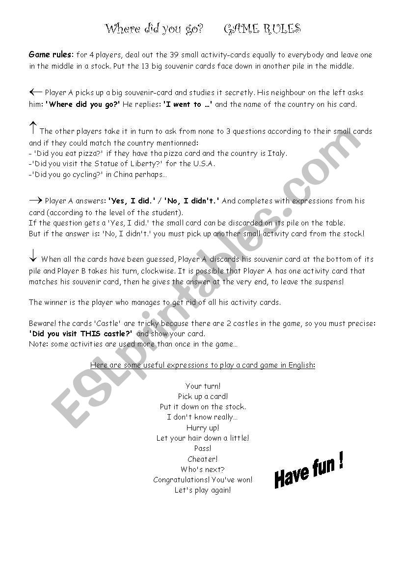 WHERE DID YOU GO? game rules worksheet