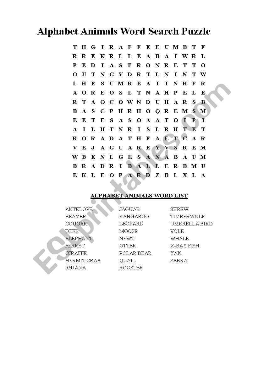 Alphabet Animals Word Search Puzzle