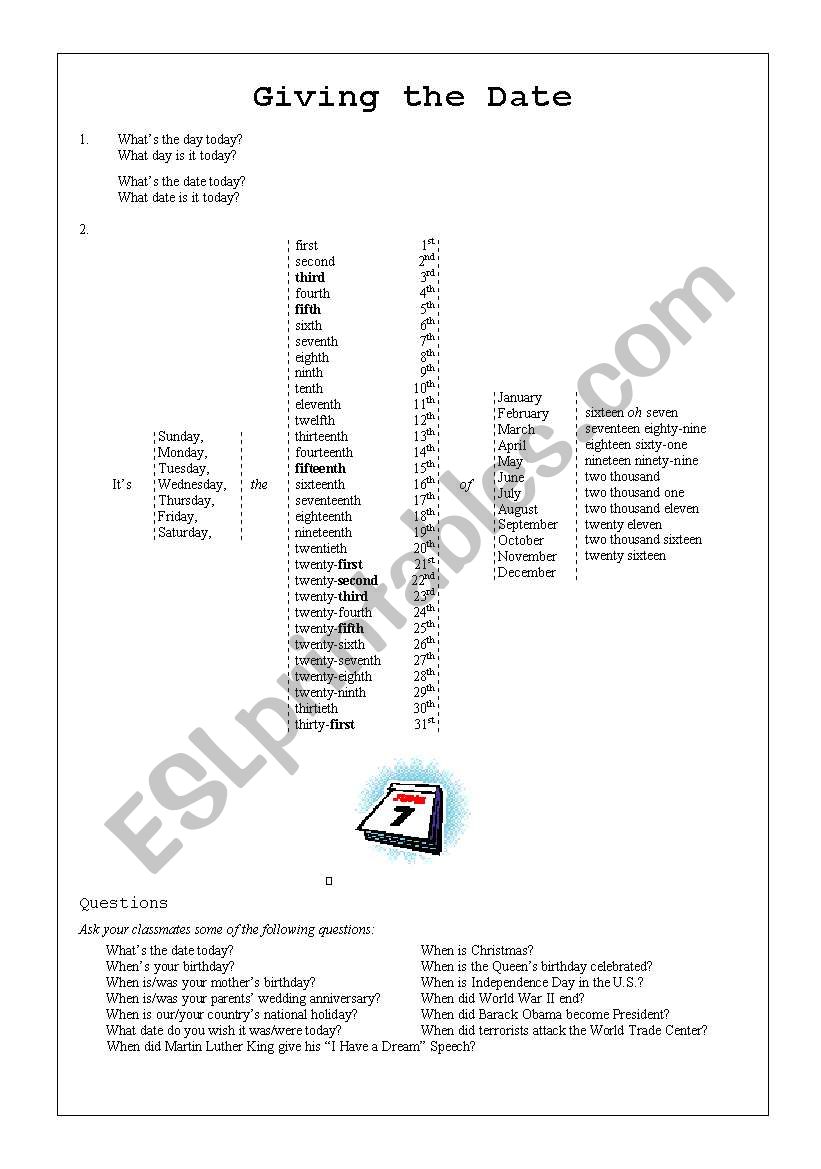 Giving the Date worksheet