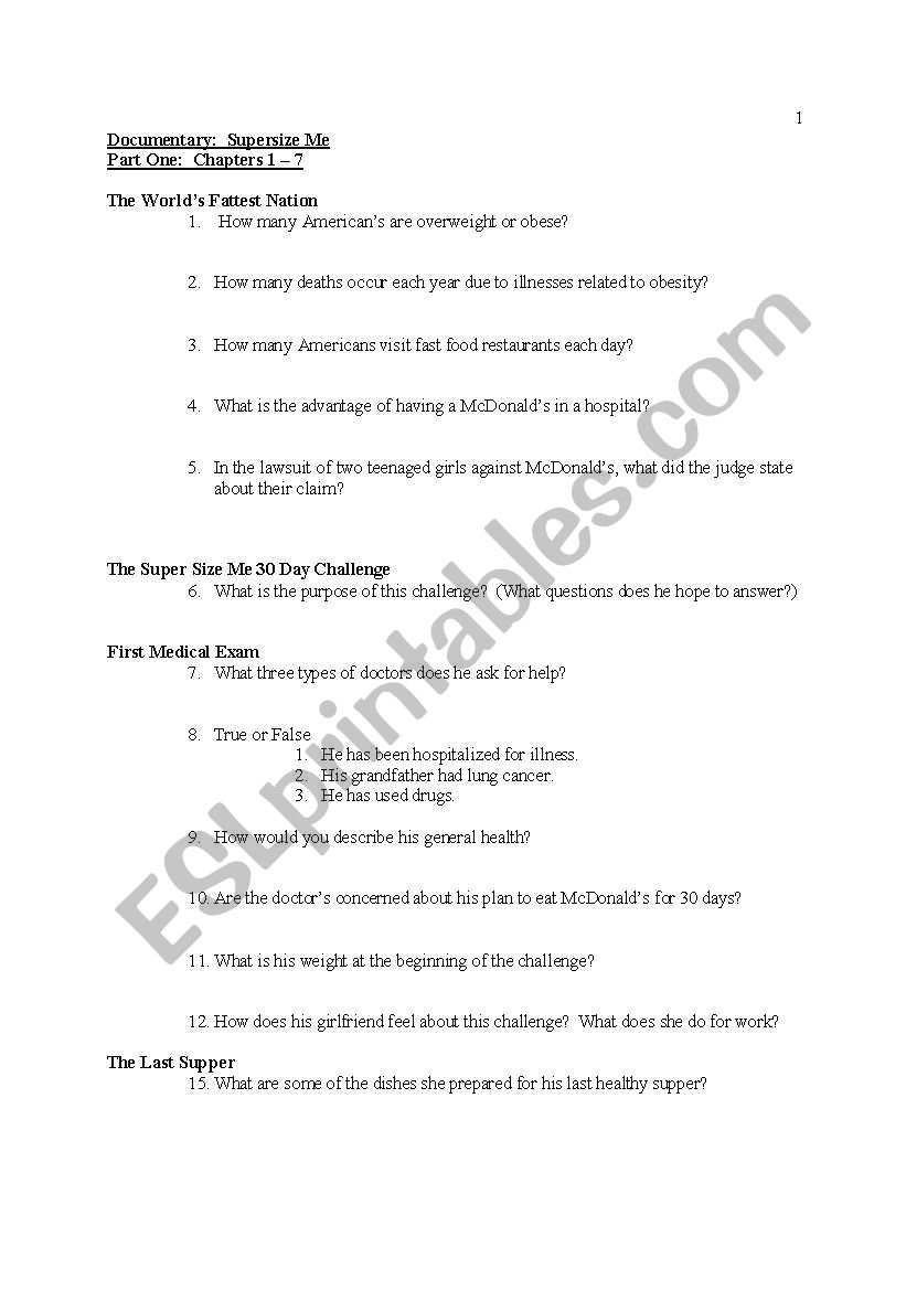 Supersize me! Documentary Worksheet - ESL worksheet by csuchy Throughout Supersize Me Worksheet Answers