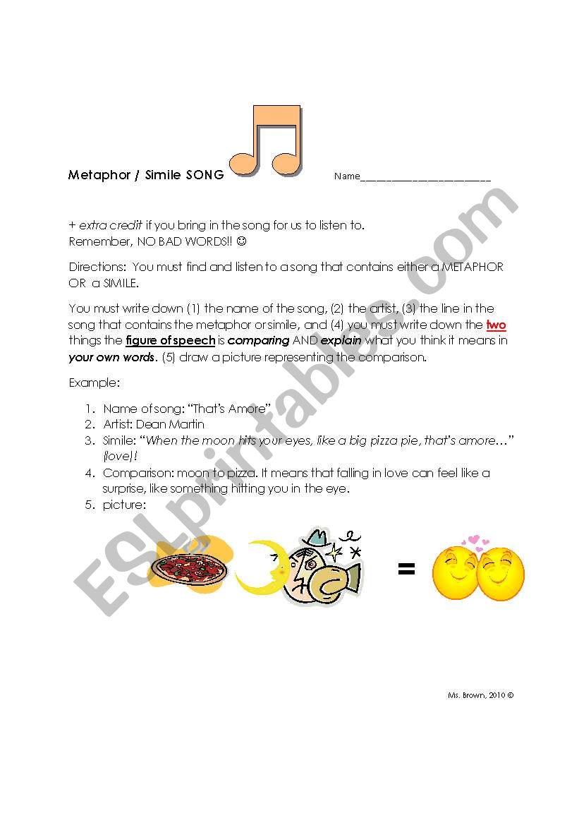 Simile & Metaphor Song worksheet