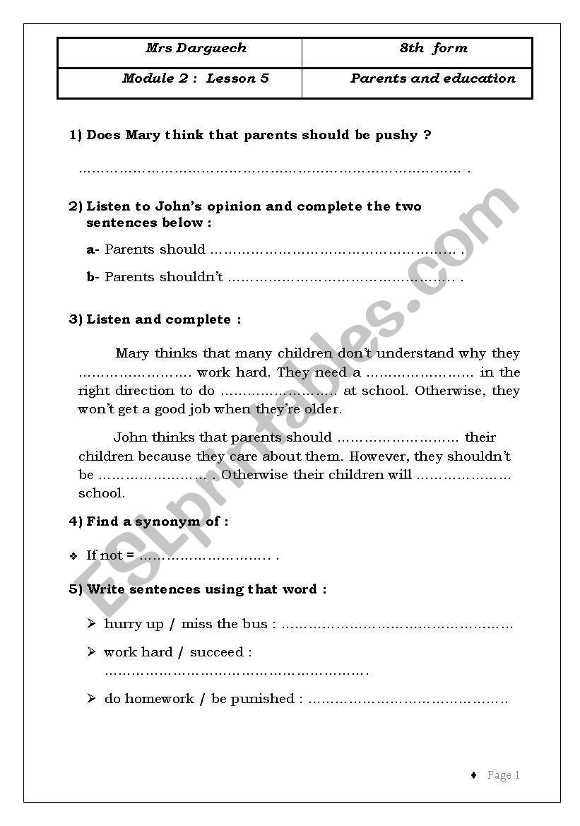 8th form Module 2 Lesson 5 (Parents and  education) Part 1