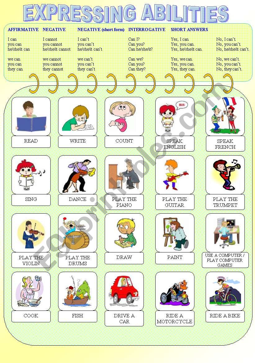 Expressing Abilities - PART I (Can - Grammar Explication + Pictionary + Short Exercise)