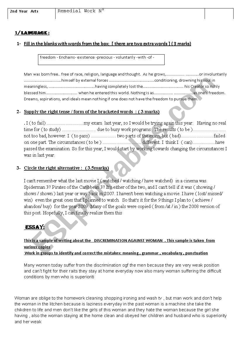 2nd year Remedial work  worksheet