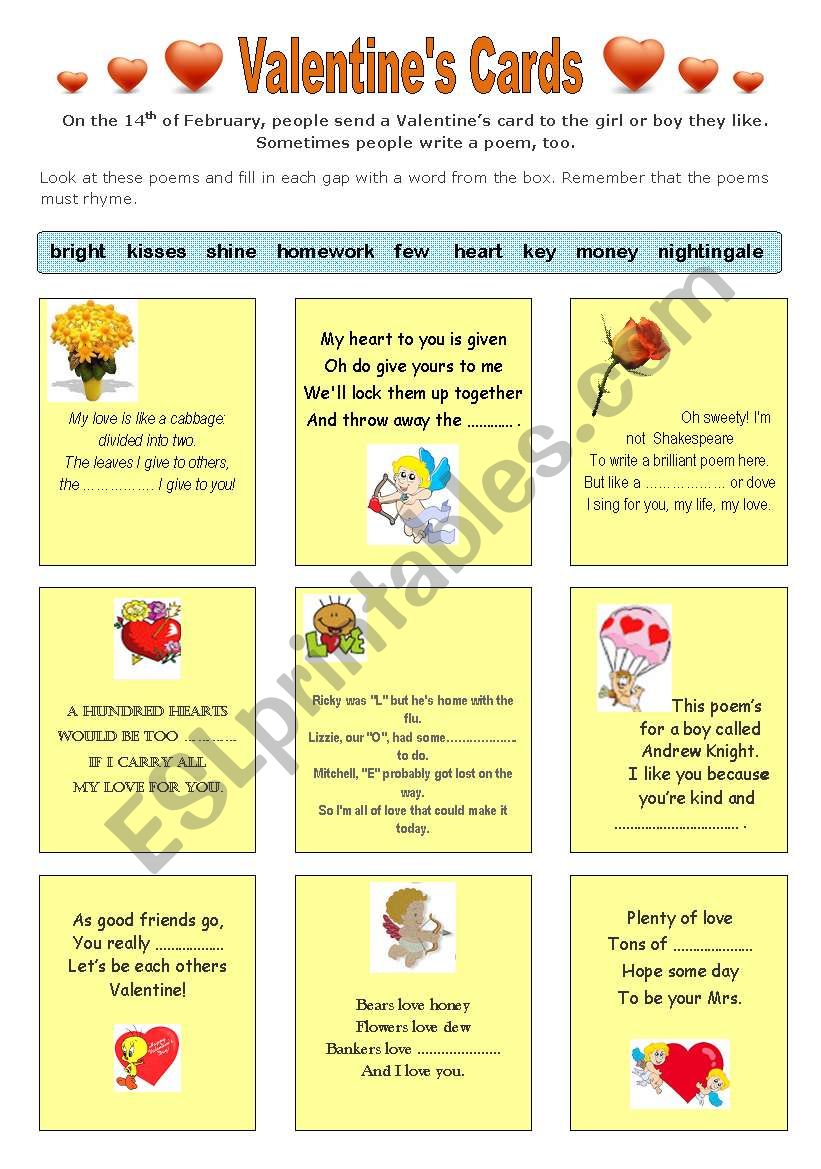 VALENTINES CARDS worksheet