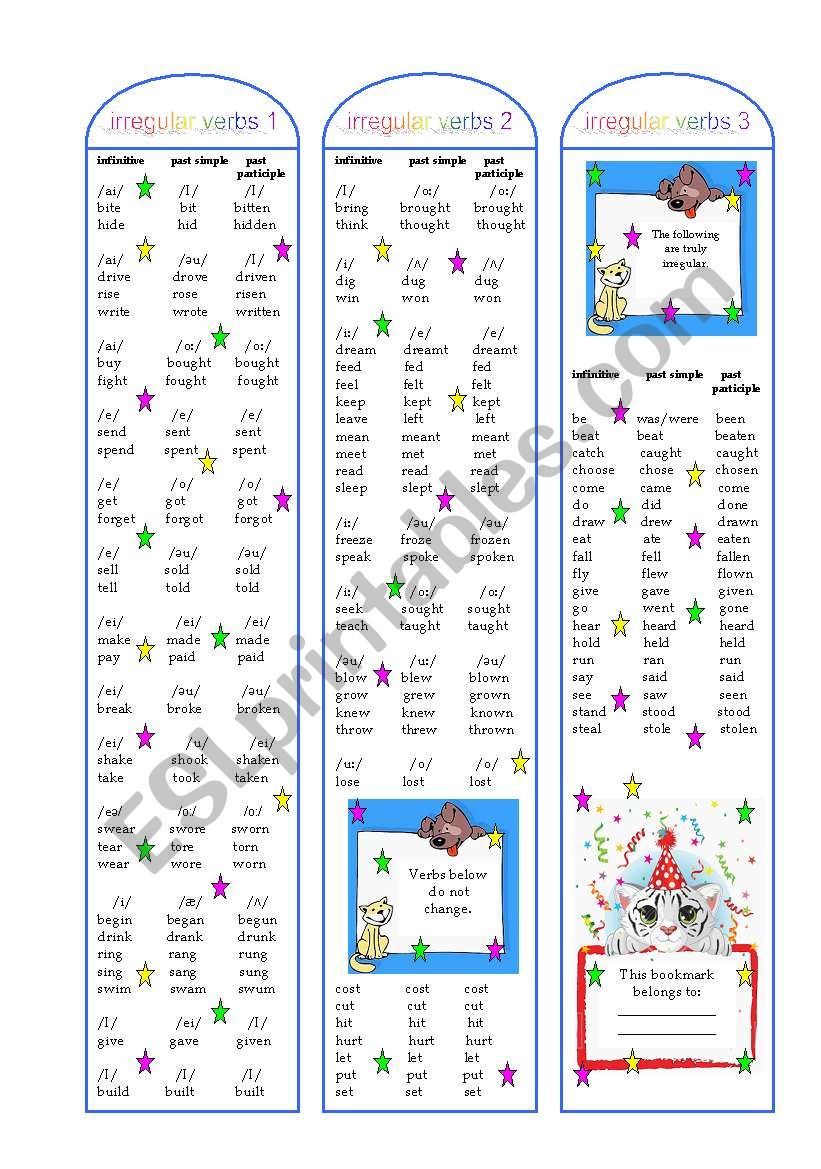 irregular verbs bookmarks worksheet