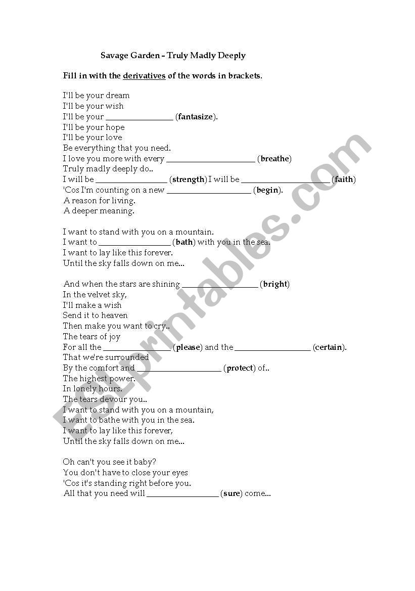 Truly Madly Deeply worksheet