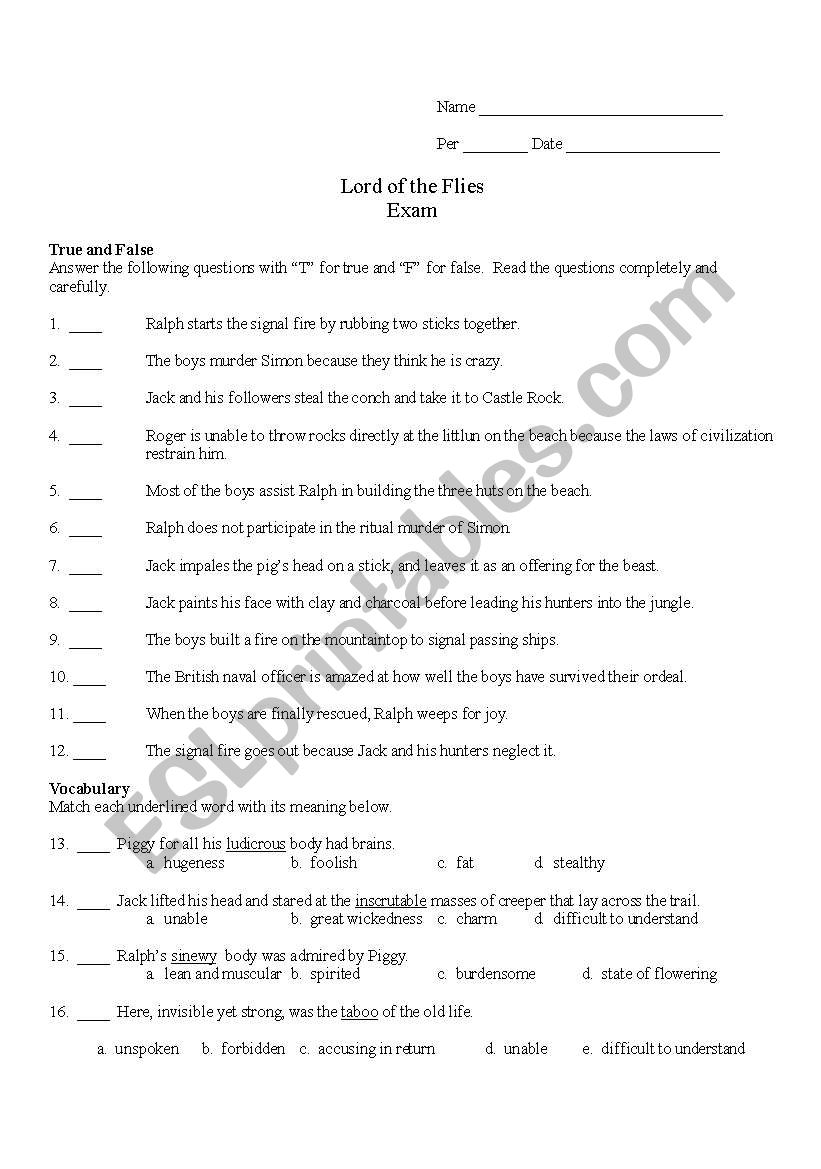 Lord of the Flies TEST worksheet